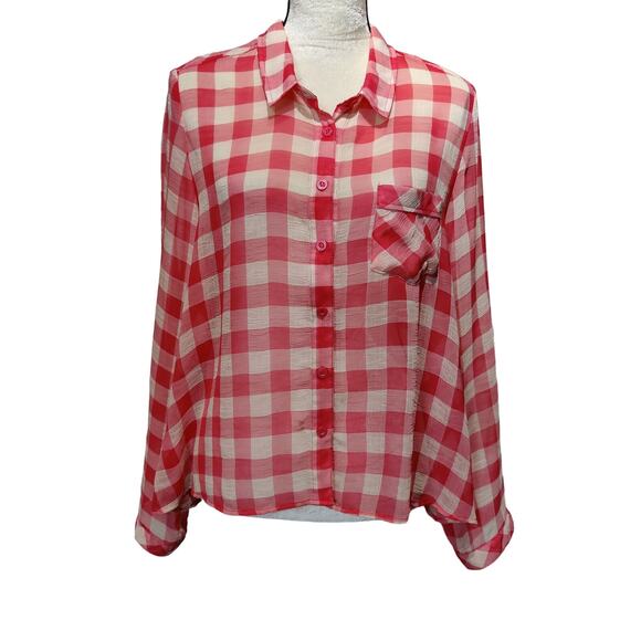 Free People Women's Sz L Red Checked Gauzy Sheer Button Up Shirt Picnic Boxy - Picture 1 of 6